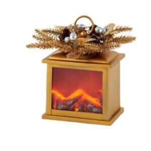 Gold Fire Light Lantern With Berry Wreath Battery Operated